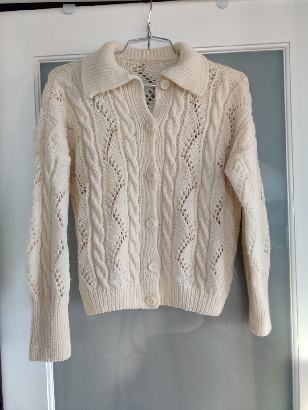 EUC Vintage Cream Cable Knit Polo Cardigan Sweater with collar Cottagecore S/M